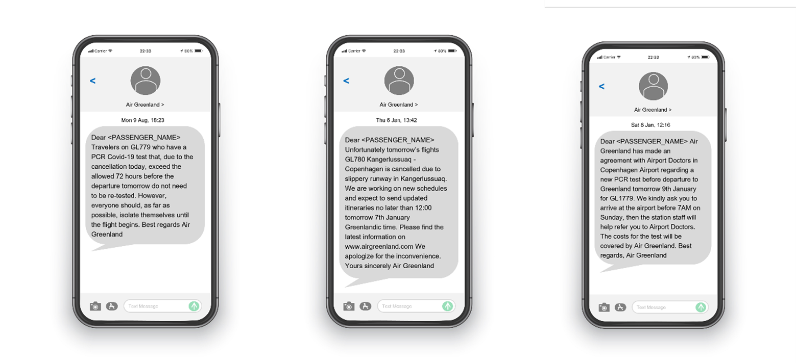 Phone screens showing 3 messages delivered by Air Greenland to passengers during disruption