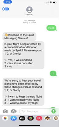 Screenshot of SMS conversation with Spirit Airlines