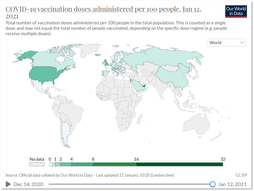 Map by Our world in data showing COVID-19 vaccination doses per 100 people by country