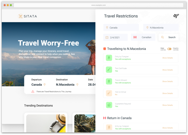 Sitata travel map with COVID-19 restrictions by destination