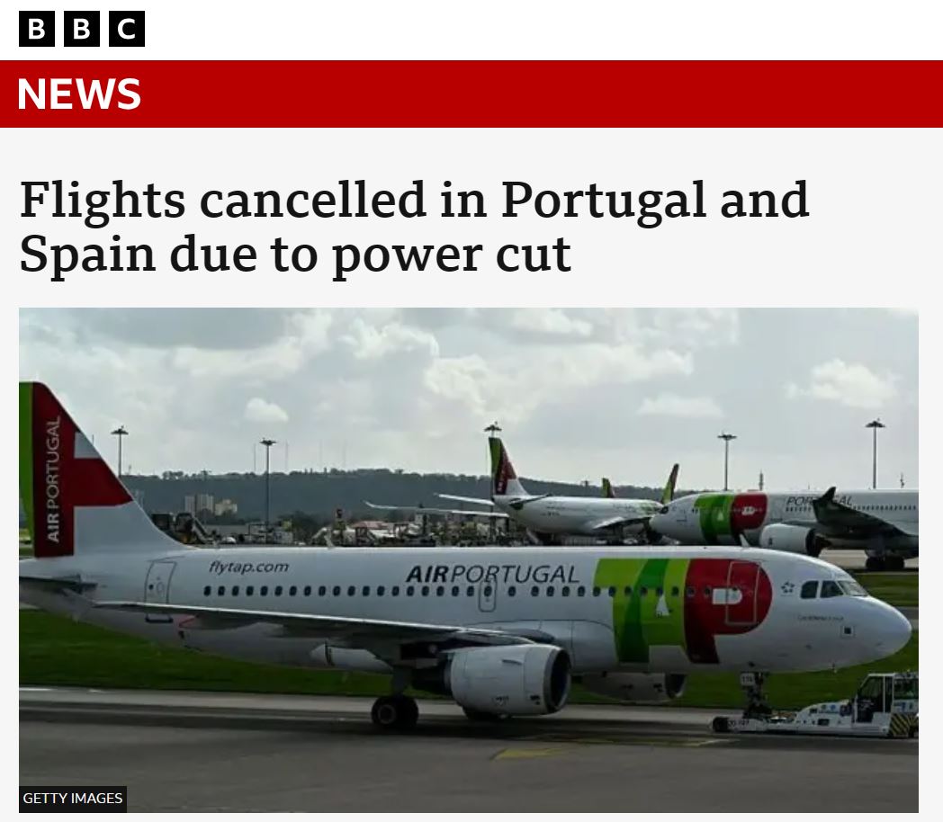 Headline about power outage in Spain and Portugal