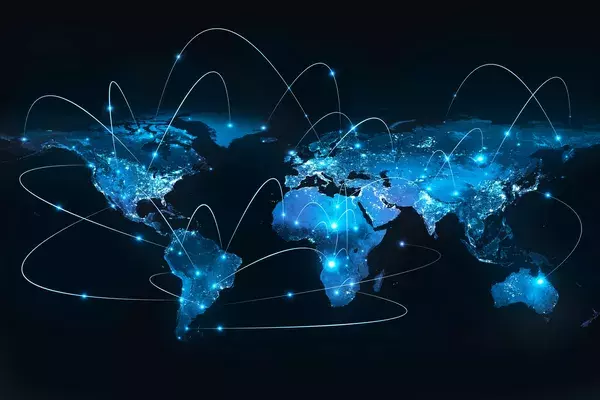 Map of the world with lines showing movement between countries