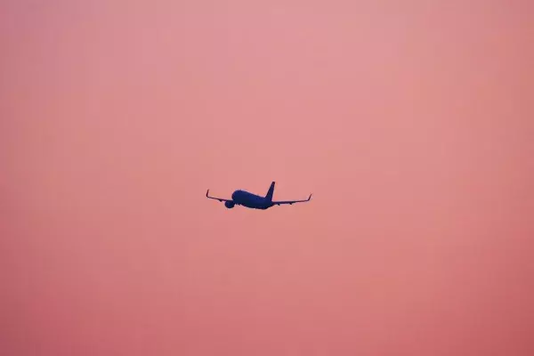 Plane taking off against a pink sky