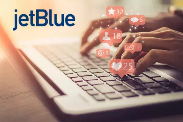 A person typing on a laptop with social media icons overlaid on her fingers. Plus JetBlue logo