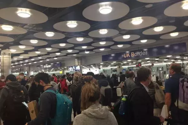 A snaking queue around Customs at Heathrow