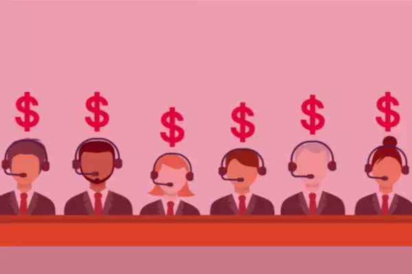 Graphic of call centre staff with dollar signs above their heads