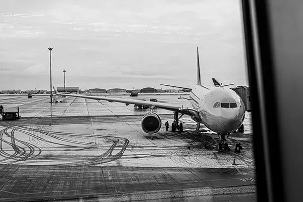 Airline disruption plane on a snow covered runway