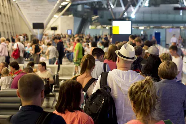 Disrupted airline passengers at an airport