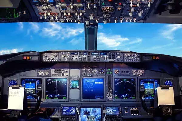 Plane cockpit at sunset