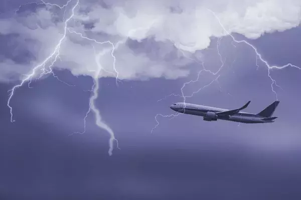 Plane flying through lightning storm