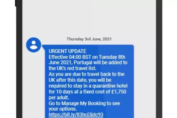 Example of a travel alert on a mobile phone