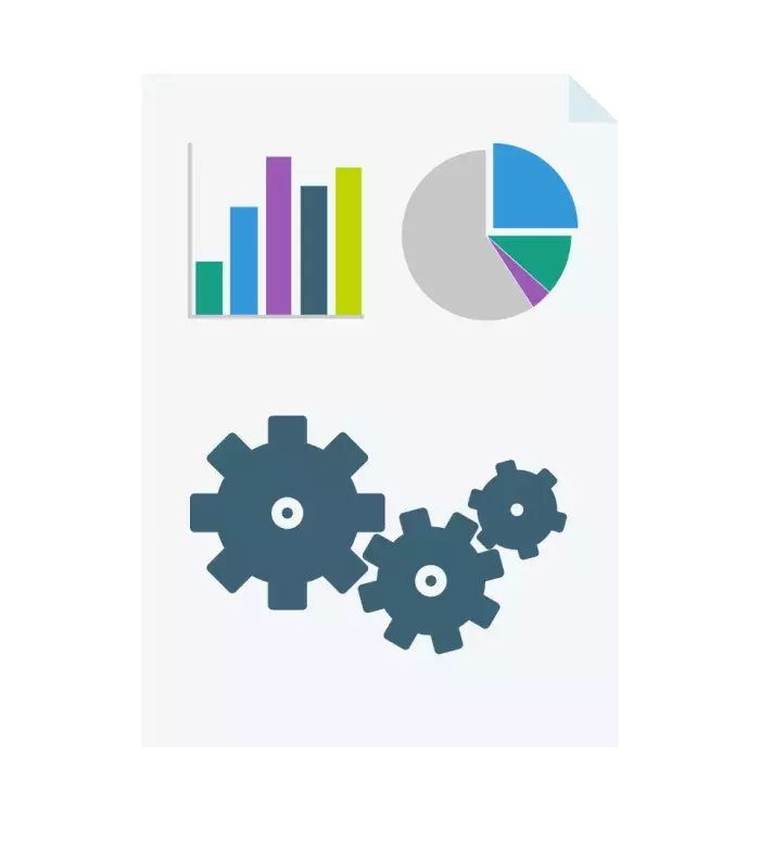 An illustration of a document with graphs and cogs